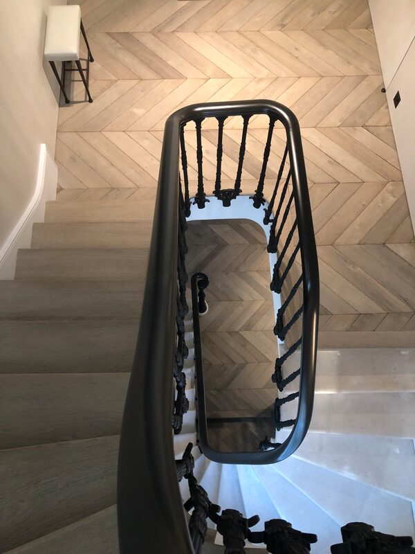 Bespoke French oak aged stairs and chevron parquet flooring