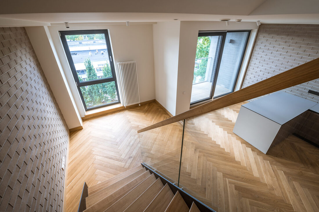 Solid European Oak Stair Treads and Herringbone Parquet Flooring