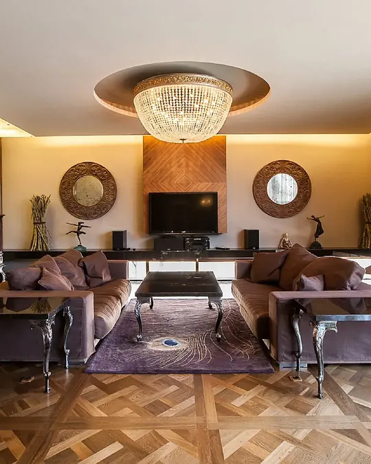 Walnut wood flooring and parquet in an elegant living room