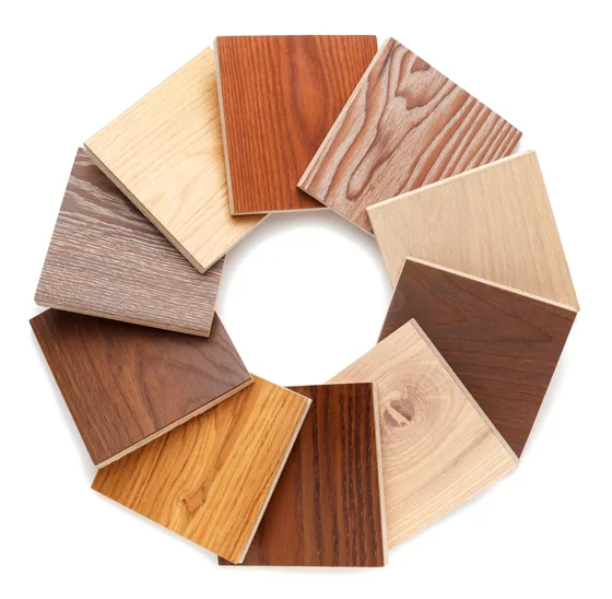 Engineered wood flooring samples in oak, walnut and ash colours and finishes, arranged in a circle